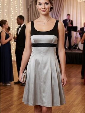 Formal Nine West Sleeveless Two-Tone Evening Dress in Black and Silver Gray